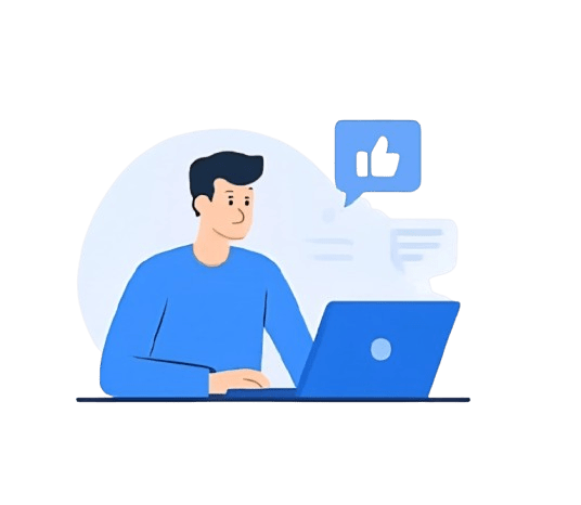 Illustration of Sujal, a digital marketing freelancer in Bangalore, typing on a blue laptop. A speech bubble with a thumbs-up icon floats above the screen, suggesting successful work or approval."