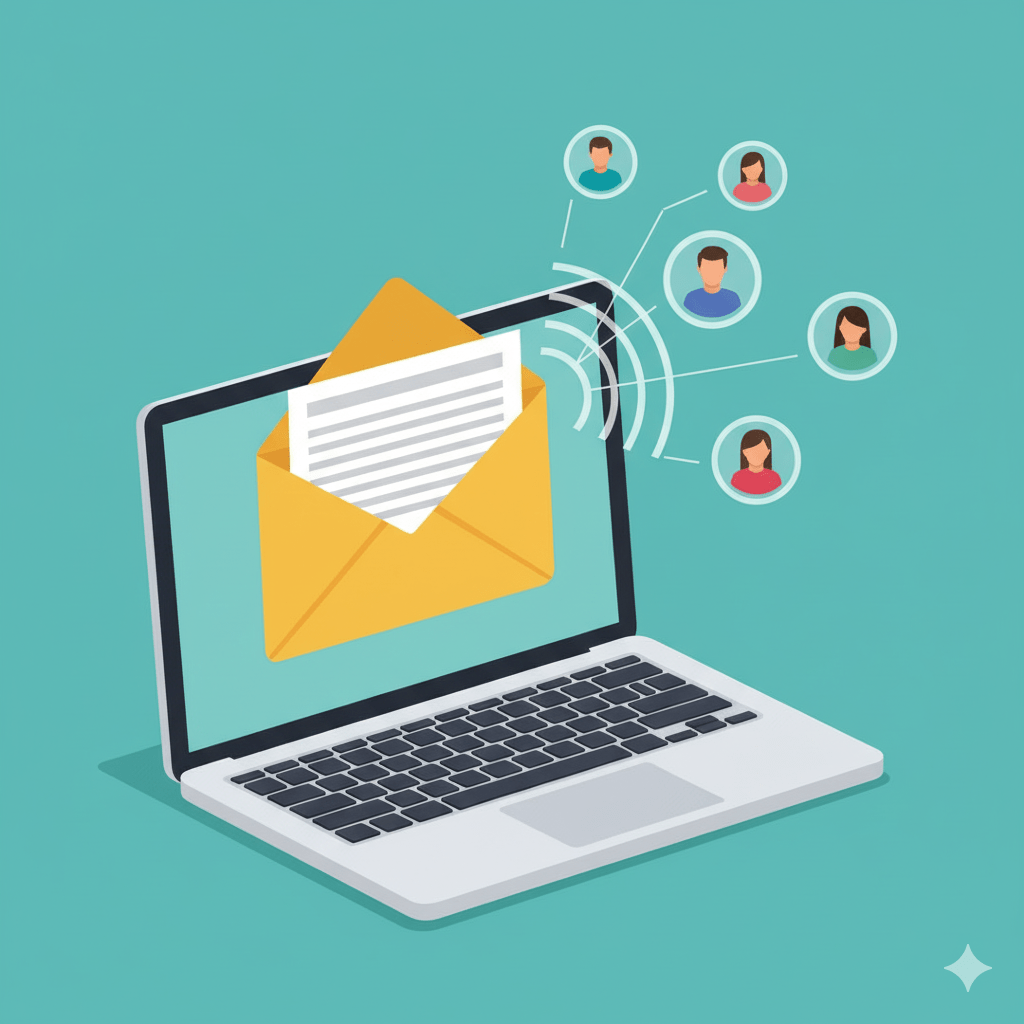"An illustration showing a laptop with an email open on its screen. A large yellow envelope icon sits on the laptop, emitting a signal that connects to multiple circular profile icons of people, symbolizing how email marketing agencies in India target and reach audiences. The background is a teal color."